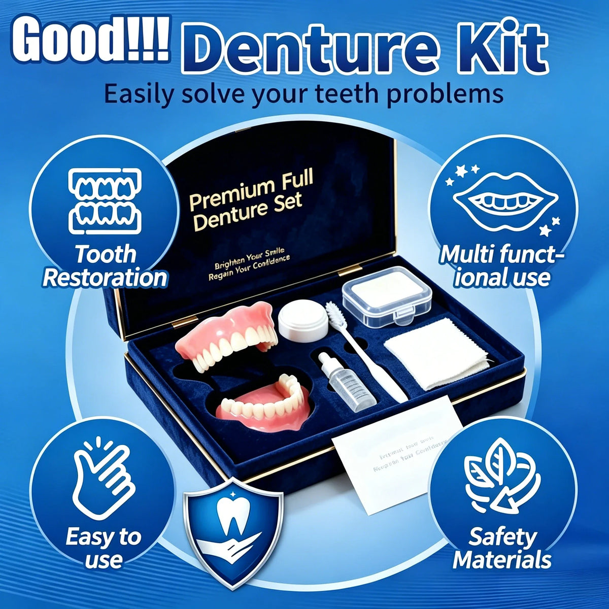 Full Mouth Denture Set Comfortable Silicone Teeth with Cleaning Tools for Daily Dental Hygiene