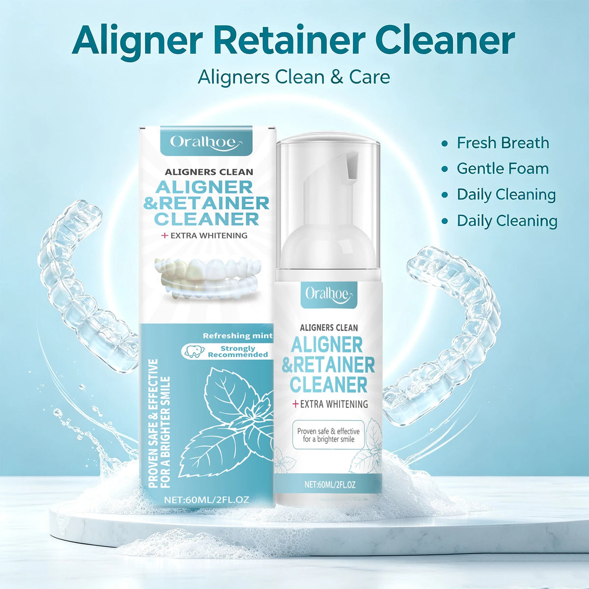 Aligner and Retainer Cleaner Foam Mousse for Fresh Breath and Whitening for Daily Dental Care