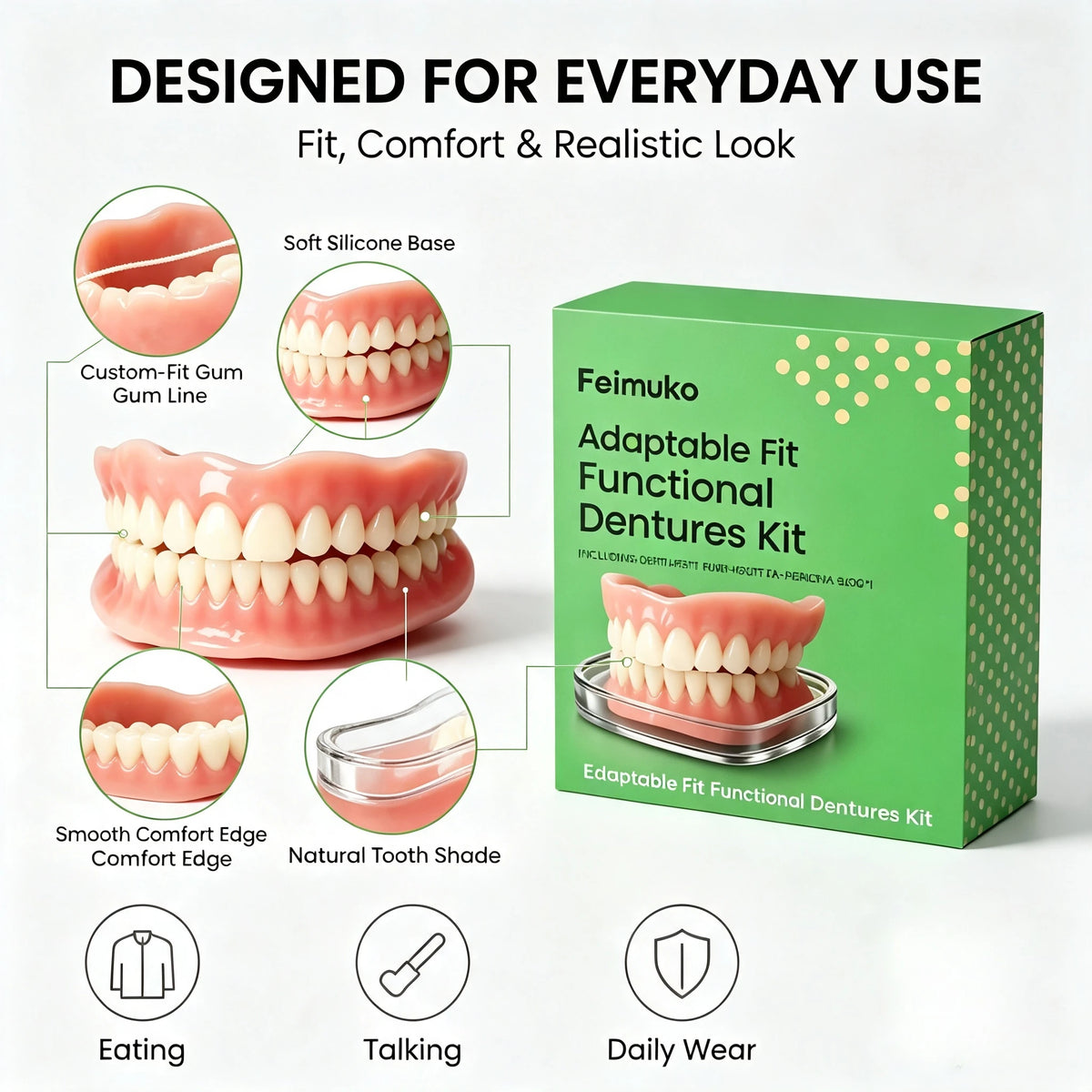 Soft Silicone Snap On Dentures Natural Fit Smile Teeth for Adults at Home Daily Use