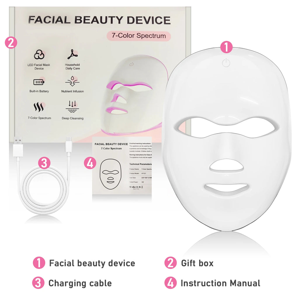 7 Color LED Photon Facial Mask Skin Rejuvenation and Anti Aging Tool for Women at Home Spa