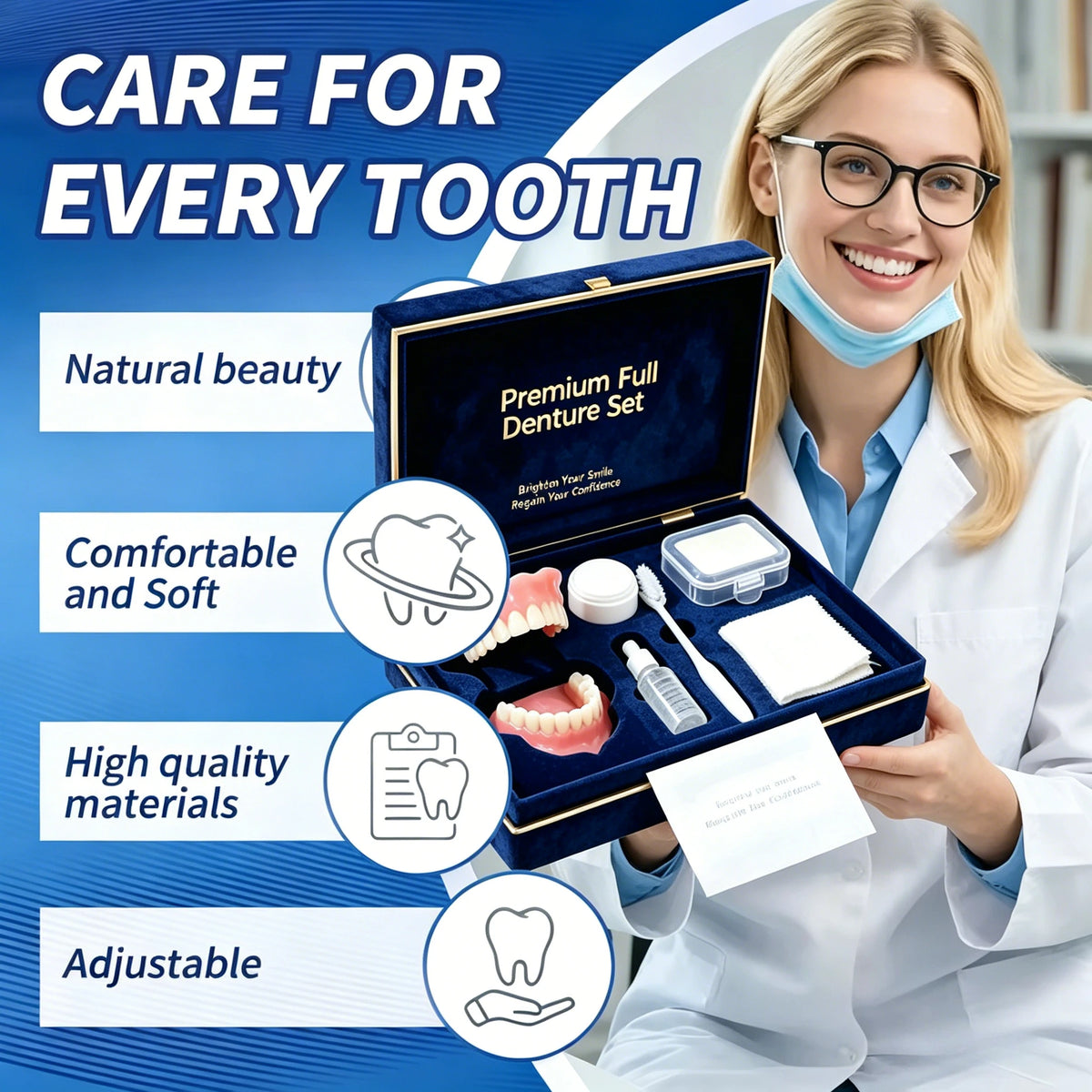 Full Mouth Denture Set Comfortable Silicone Teeth with Cleaning Tools for Daily Dental Hygiene