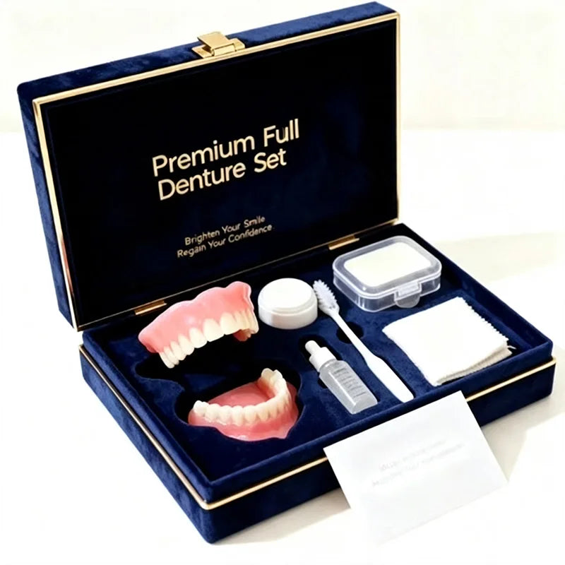 Natural Cosmetic Denture Kit Realistic Teeth Set with Cleaning Tools for Daily Smile Restoration