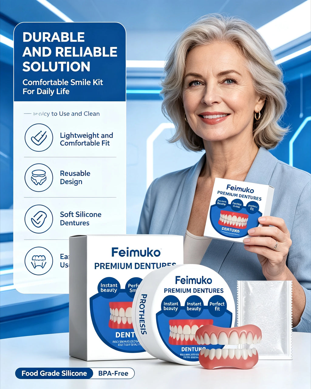 Silicone Snap On Dentures Natural Upper Lower Teeth for Instant Realistic Smile at Home