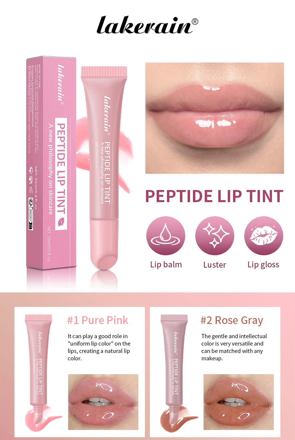Peptide Lip Tint Moisturizing Gloss with Silky Smooth Texture for Daily Use and Care