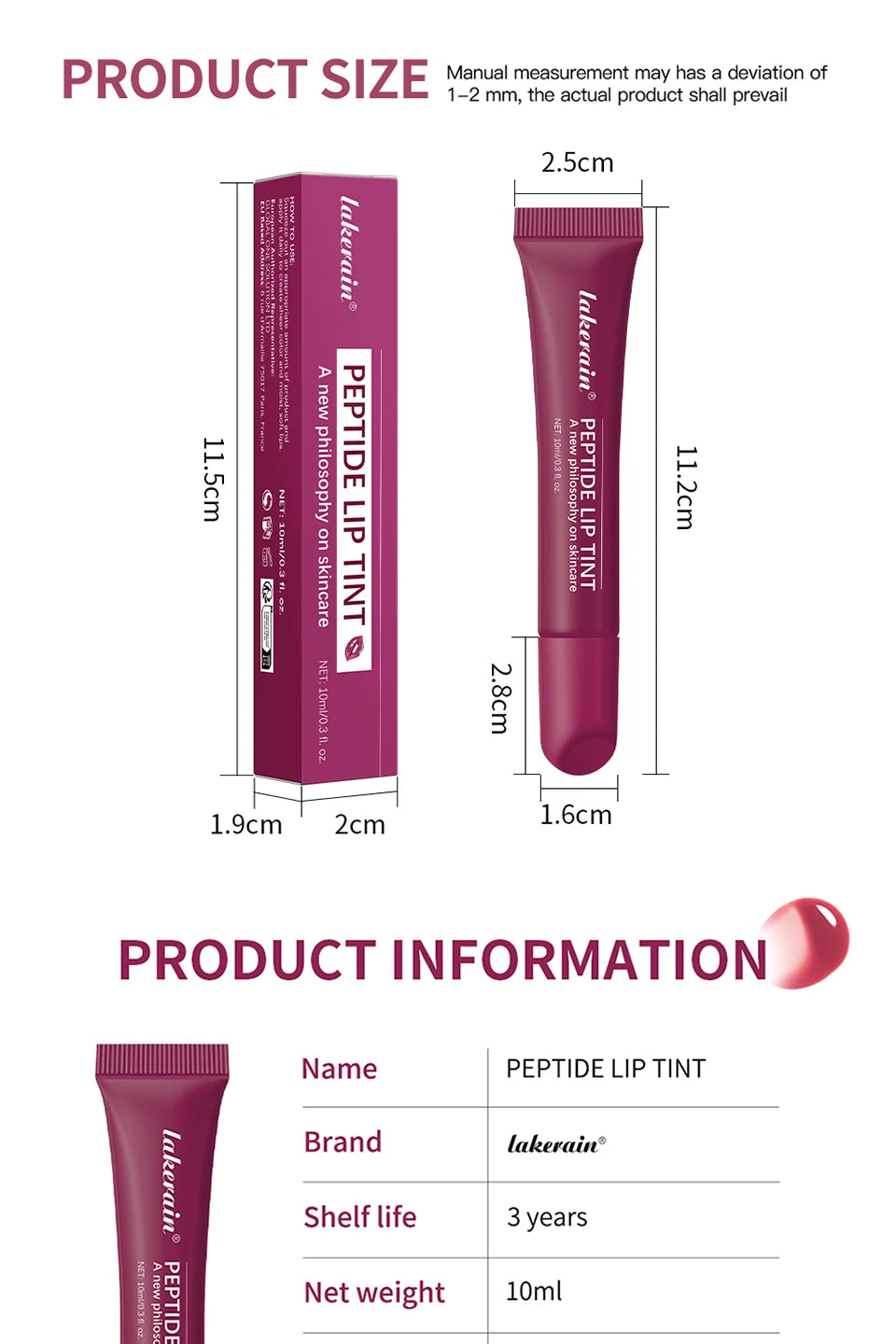 Peptide Lip Tint Moisturizing Gloss with Silky Smooth Texture for Daily Use and Care