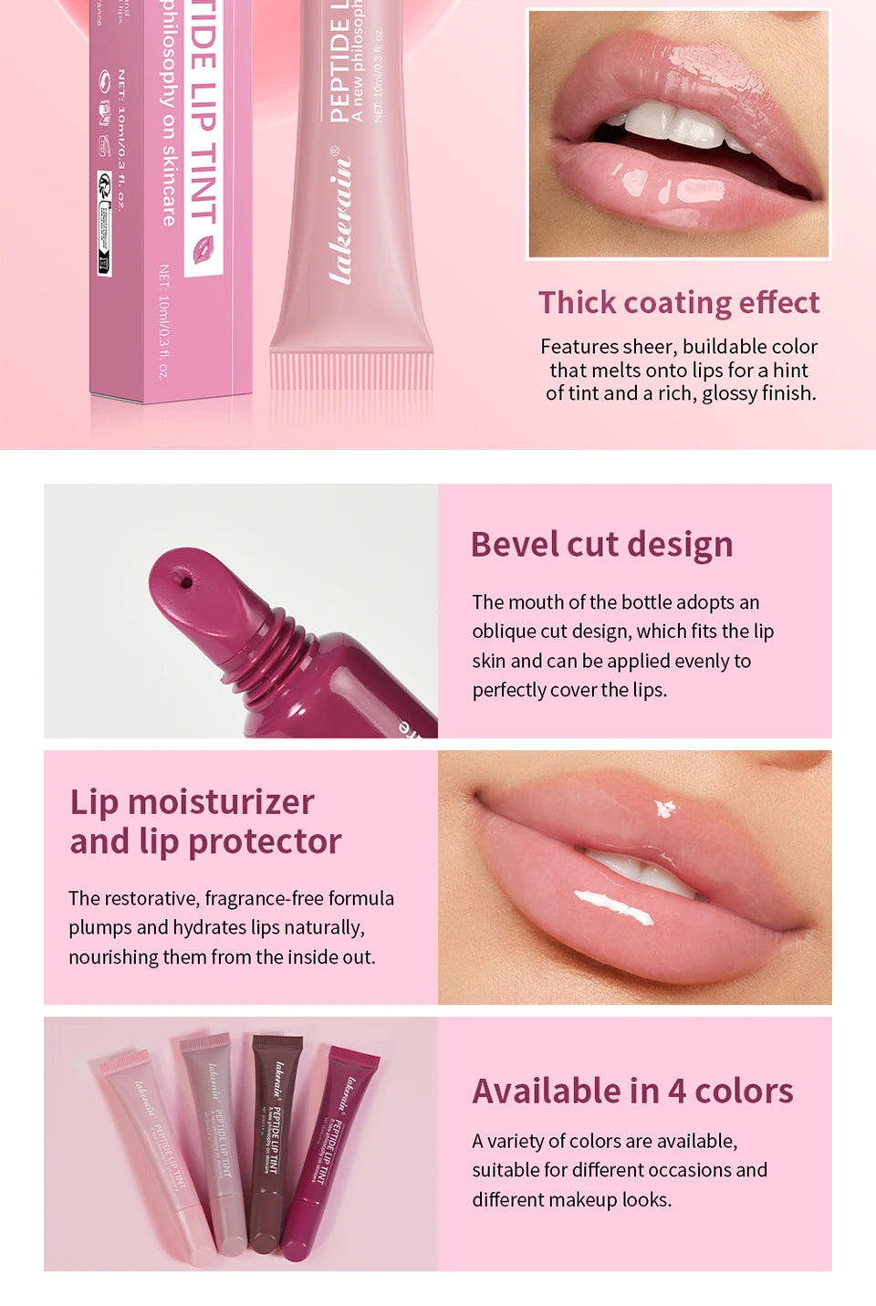 Peptide Lip Tint Moisturizing Gloss with Silky Smooth Texture for Daily Use and Care