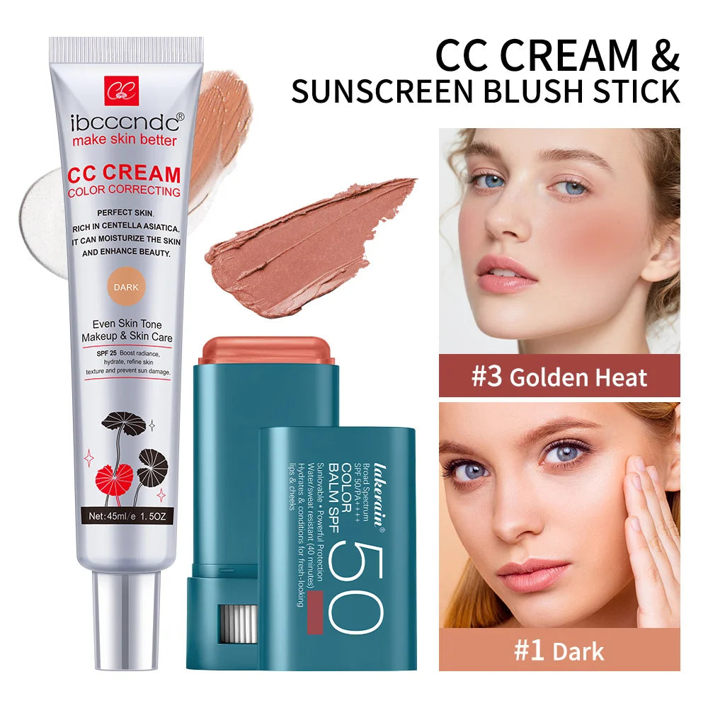 Color Correcting CC Cream and Sunscreen Blush Stick Set for Daily Face Makeup Routine